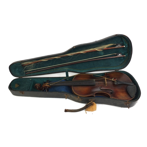 545A - Old wooden violin with one piece back, bearing a Mamias Neuner, Geigenma label to the inside with tw... 