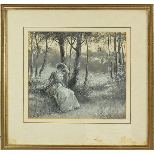 1496 - Paul Hardy - Heightened watercolour study of a female sat in a woodland setting, mounted and contemp... 