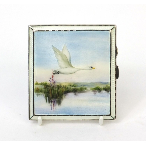 334 - Mappin & Web silver and enamel cigarette case decorated with a swan in flight over a pond, Birmingha... 