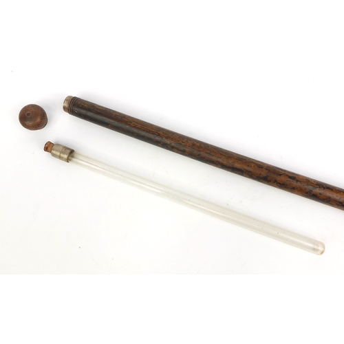 297 - Vintage wooden walking cane with concealed sake bottle, 85cm long