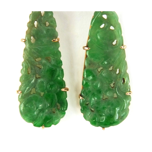 805 - Pair of Chinese 9ct gold green jade carved earrings, each 6cm high, approximate weight 5.8g