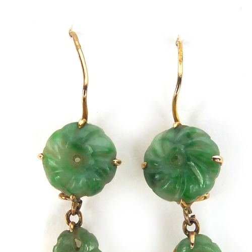 805 - Pair of Chinese 9ct gold green jade carved earrings, each 6cm high, approximate weight 5.8g