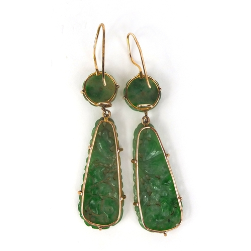 805 - Pair of Chinese 9ct gold green jade carved earrings, each 6cm high, approximate weight 5.8g