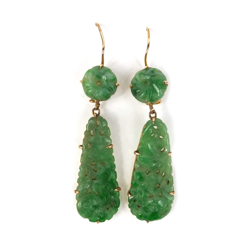 805 - Pair of Chinese 9ct gold green jade carved earrings, each 6cm high, approximate weight 5.8g