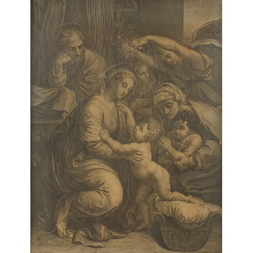 1493 - Antique religious print of figures ' La Sainte Famille de Jesus Christ' Raphael pinx, housed in a ca... 