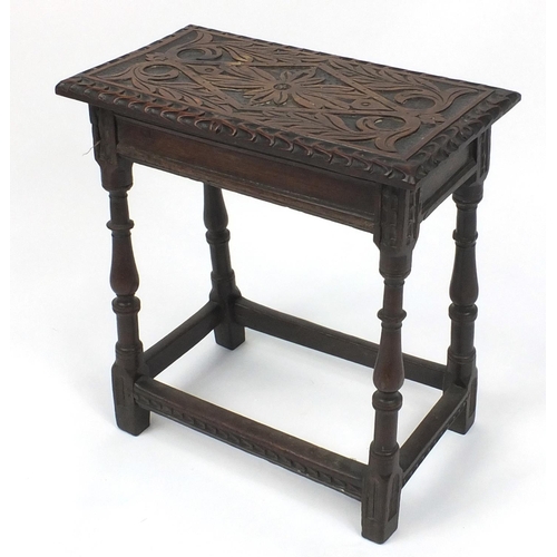 2035 - Antique oak joint stool the top carved with lozenge and leaves on baluster turned legs, 53cm high x ... 