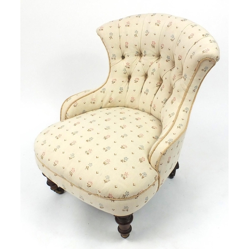 2049 - Victorian mahogany framed bedroom chair with cream floral upholstery, 74cm high