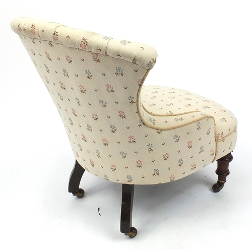 2049 - Victorian mahogany framed bedroom chair with cream floral upholstery, 74cm high