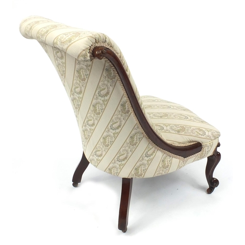 2018 - Victorian mahogany framed bedroom chair with cream striped upholstery and scroll feet, 90cm high