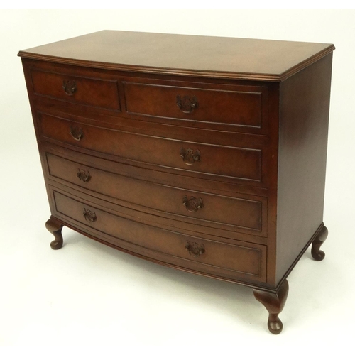 2039 - Walnut bow fronted five drawer chest with quarter veneered top, raised on cabriole feet, 76cm high x... 