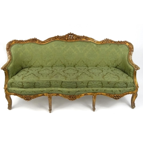 2015 - French carved giltwood three seater setee with green floral upholstery, 92cm high x 191cm long x 85c... 