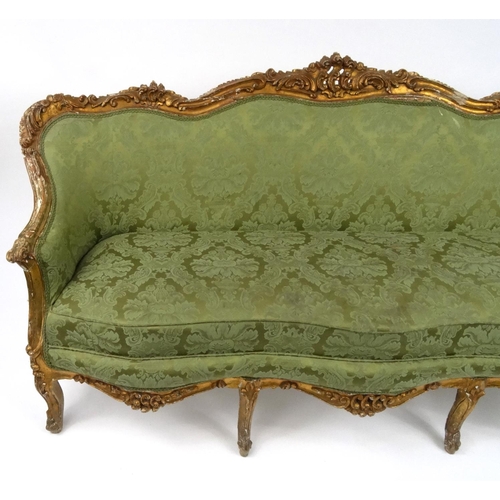 2015 - French carved giltwood three seater setee with green floral upholstery, 92cm high x 191cm long x 85c... 