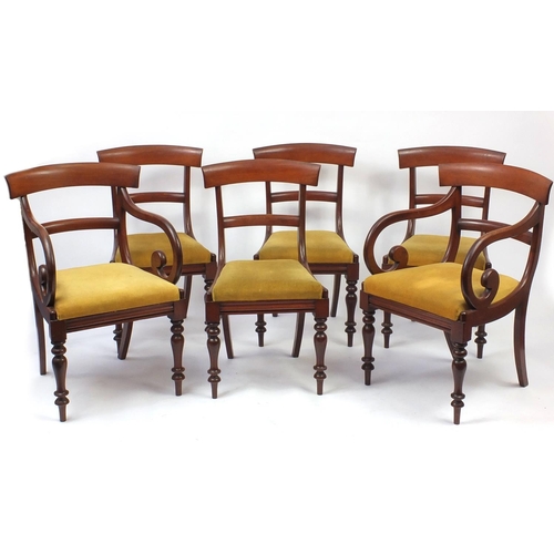 2013 - Set of six Regency mahogany dining chairs including two carvers with scroll arms on fluted legs, sta... 