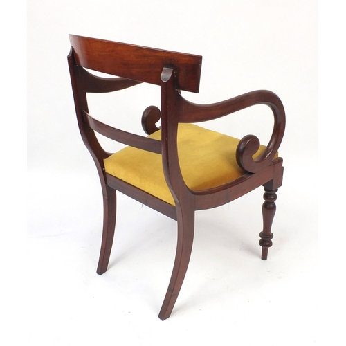2013 - Set of six Regency mahogany dining chairs including two carvers with scroll arms on fluted legs, sta... 