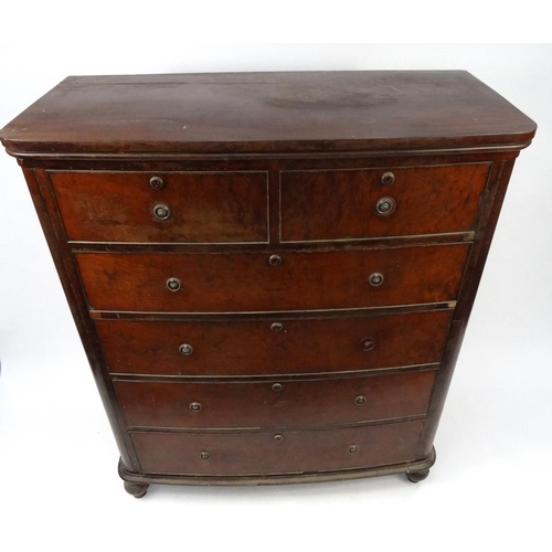 33 - Tall Victorian mahogany bow fronted chest fitted with an arrangement of two short above four graduat... 