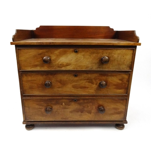 56 - Victorian mahogany three drawer chest with galleried top, 91cm high x 95cm wide x 53cm deep