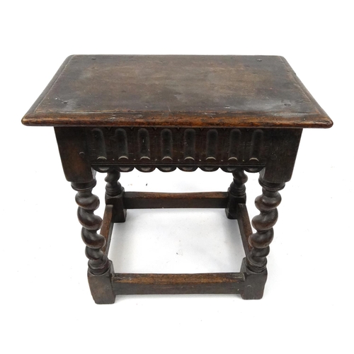 51 - Antique oak joint stool with Barley twist supports, 47cm high x 46cm wide x 28cm deep