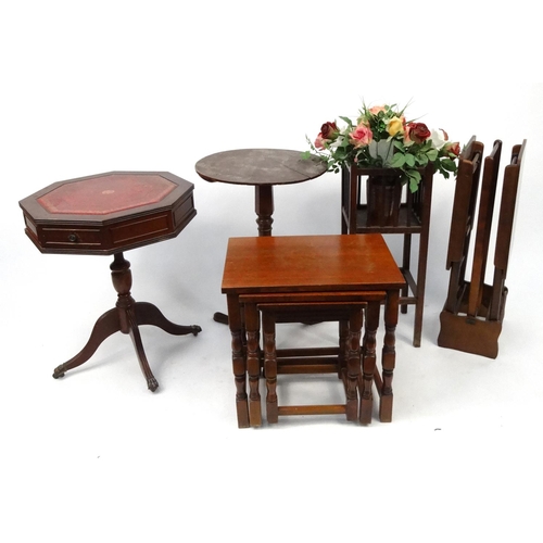 53 - Occasional furniture including circular wine table, an octagonal drum table, an oak nest of three ta... 