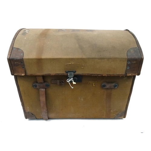 22 - Canvas dome topped trunk possibly Military with label for John Barker & Co, Kensington, London, 84cm... 