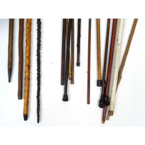 28 - Collection of wooden walking sticks including one with a silver handle, some with animal head handle... 