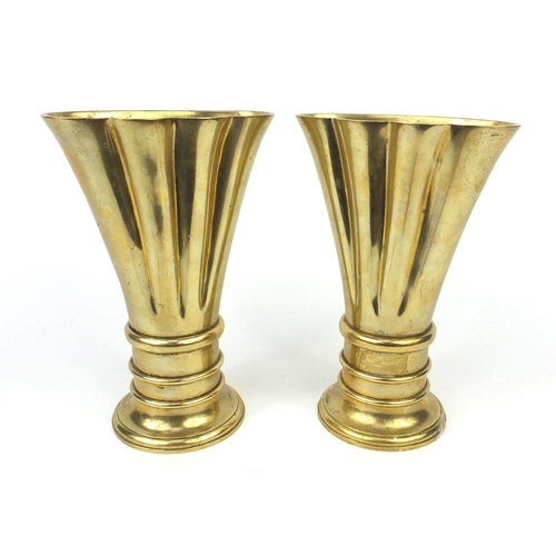 130 - Pair of ecclesiastical bronze altar vases, cross mark to the back, each 22cm high