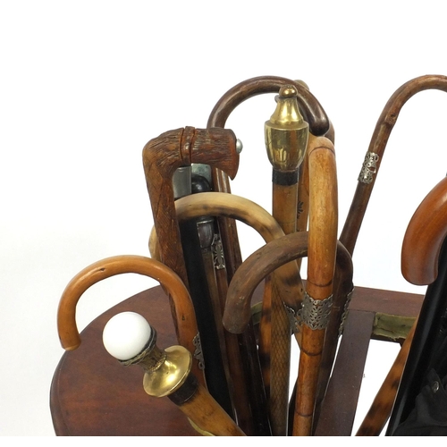 2019 - Large collection of assorted walking sticks in a walnut stand, including animal heads examples