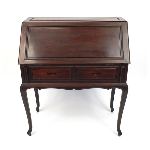 2046 - Oriental Chinese hardwood bureau on shaped legs, with two drawers and fitted interior, 110cm high x ... 