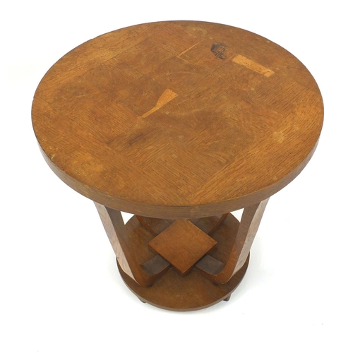 2052 - Circular Art Deco oak occasional table with parquetry top, 61cm high x 60cm in diameter