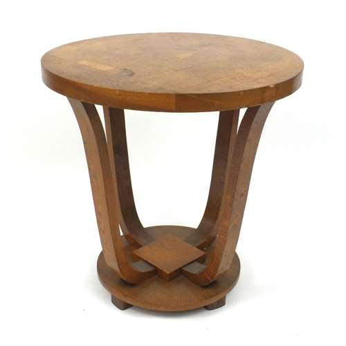 2052 - Circular Art Deco oak occasional table with parquetry top, 61cm high x 60cm in diameter