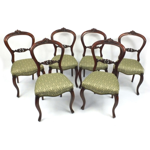 2027 - Set of six Victorian style mahogany balloon back dining chairs, each with carved acanthus leaf crest... 