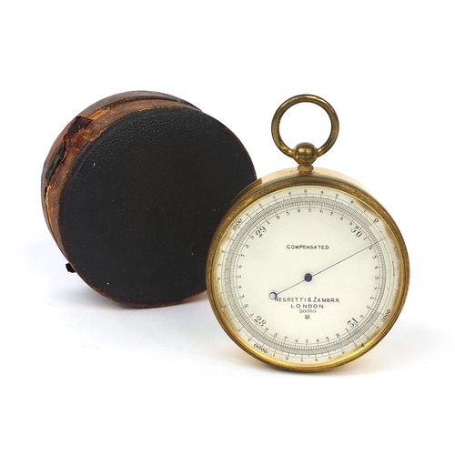 149 - Large Negretti & Zambra brass cased compensated pocket barometer housed in a fitted leather case, No... 