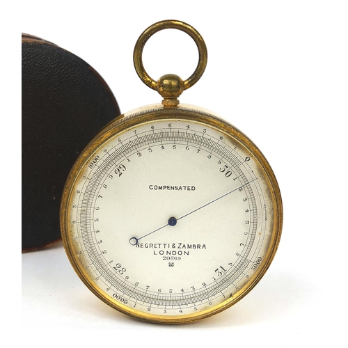 149 - Large Negretti & Zambra brass cased compensated pocket barometer housed in a fitted leather case, No... 