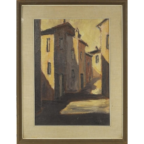 2061 - Oil onto canvas, continental street scene, bearing an indistinct signature Saven?, mounted and frame... 