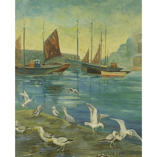 2060 - M R Partridge - Oil onto canvas, harbour scene, dated 1942, ornately gilt framed, 49cm x 39cm exclud... 