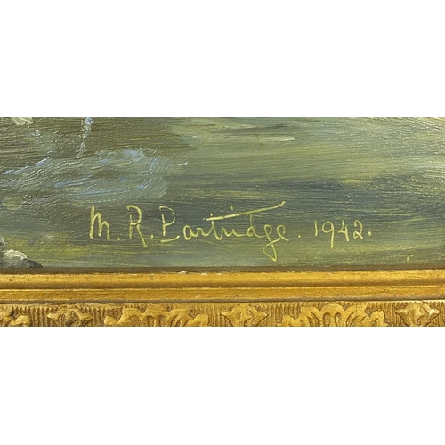 2060 - M R Partridge - Oil onto canvas, harbour scene, dated 1942, ornately gilt framed, 49cm x 39cm exclud... 