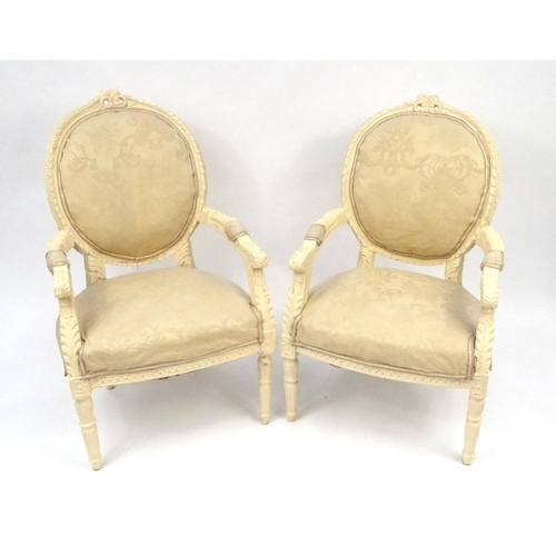 2032 - Pair of French design cream painted armchairs with cushion back and stuff over seats
