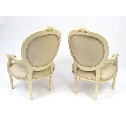 2032 - Pair of French design cream painted armchairs with cushion back and stuff over seats