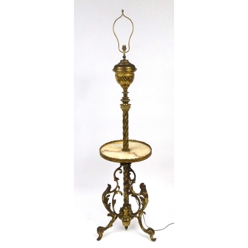 2012 - Very good quality gilt bronze oil standard lamp with circular onyx shelf, converted to electric use,... 