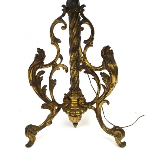 2012 - Very good quality gilt bronze oil standard lamp with circular onyx shelf, converted to electric use,... 