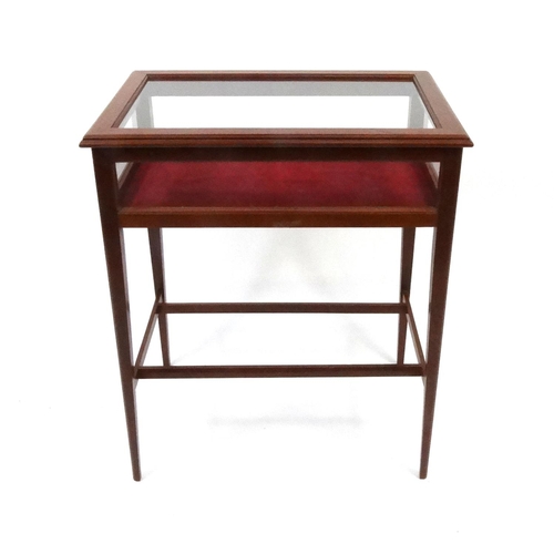 2006 - Mahogany bijouterie table with hinged lid, raised on tapering legs, 76cm high x 63cm wide x 44cm dee... 