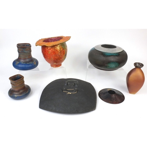 2317 - Group of Studio pottery vases and dishes including two Denby ware Bourne Denby vases, Nick Rees vase... 