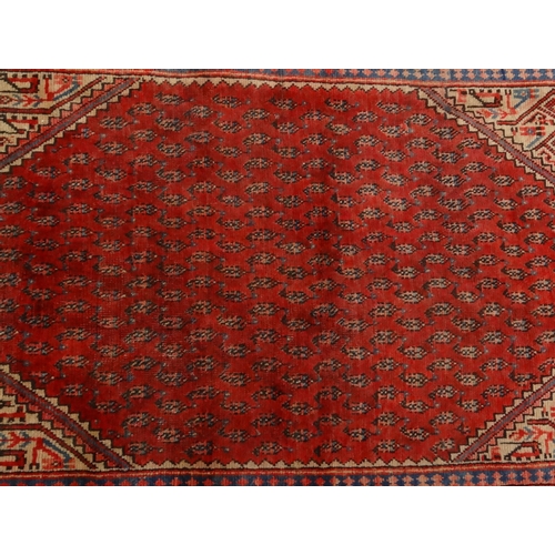 2049 - Rectangular Middle Eastern Arak rug, the central field having an all-over Boteh design onto a red gr... 