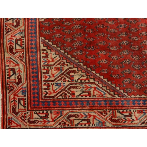2049 - Rectangular Middle Eastern Arak rug, the central field having an all-over Boteh design onto a red gr... 