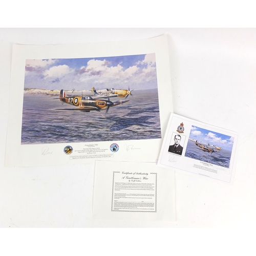 716 - Signed print of Spitfire and Hurricane, 'Gentleman's War', signed by Wing Commander Bob Doe DSODFC t... 