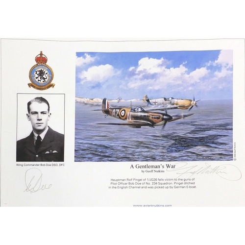 716 - Signed print of Spitfire and Hurricane, 'Gentleman's War', signed by Wing Commander Bob Doe DSODFC t... 
