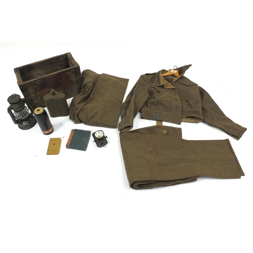 715 - Second World War Military interest jacket and trousers and a small selection of items including oil ... 