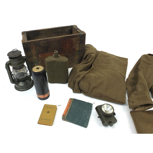 715 - Second World War Military interest jacket and trousers and a small selection of items including oil ... 