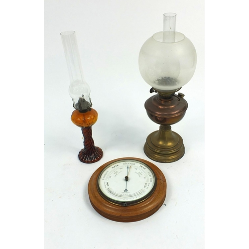 65 - Wall mounted barometer together with two oil lamps