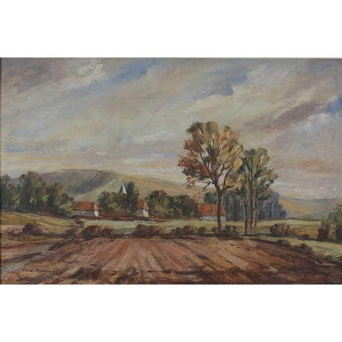 76 - Janet Redden - Oil onto board, agricultural landscape, framed, 61cm x 41cm excluding the frame