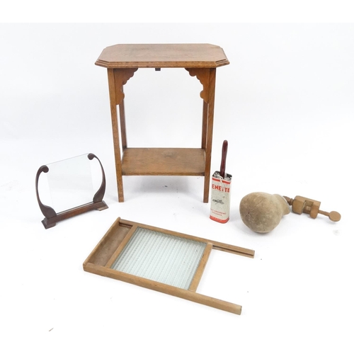 130 - Wooden wig makers head block on stand, an oak table with under tier, an acme washboard, Art Deco oak... 